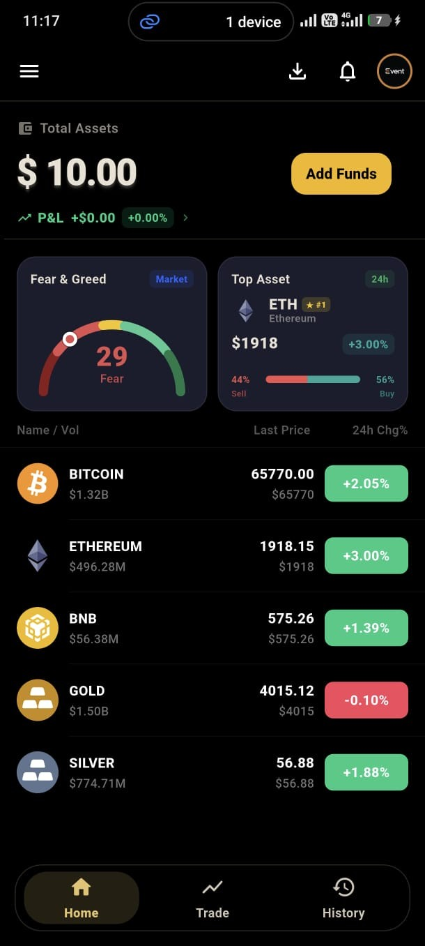 Event Trading App home screen showing account balance and live markets